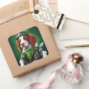 Sticker Carré Brittany Spaniel conduite vélo St. Patrick's Day