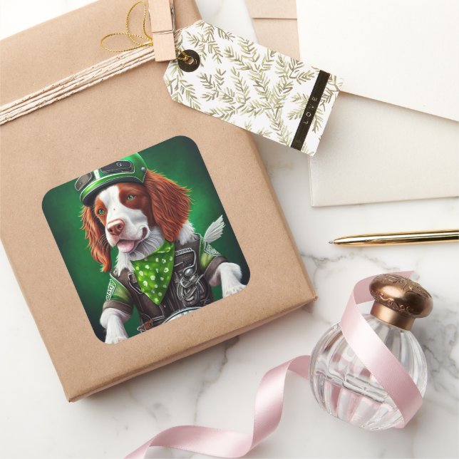 Sticker Carré Brittany Spaniel conduite vélo St. Patrick's Day (Cadeaux)