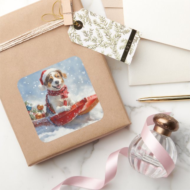 Sticker Carré Brittany Spaniel Dog in Sledge Christmas (Cadeaux)