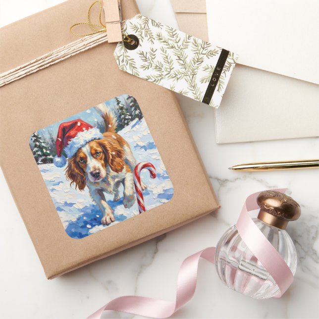 Sticker Carré Brittany Spaniel Dog Pointing at Christmas Candy (Cadeaux)