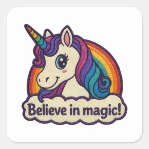 Sticker Carré Broderie Mythique Unicorne Magique Animal à Corne
