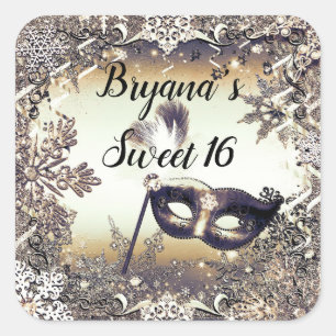 Sticker Carré Bronze Mascarade en Or Blanc & Flocons de Neige d'