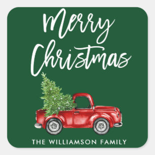 Sticker Carré Brosse Script Camion Enveloppe verte de Noël