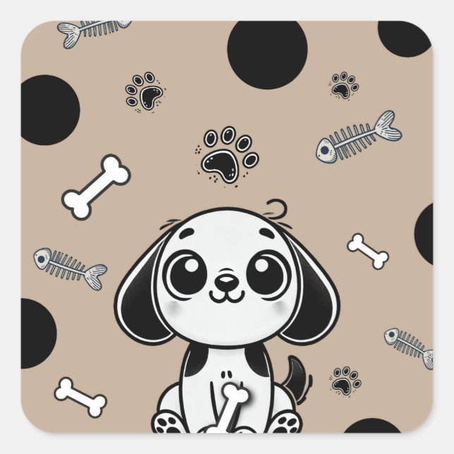 Sticker Carré Brown & Black Fish Bones Chien Chien Chien Chien C (Devant)