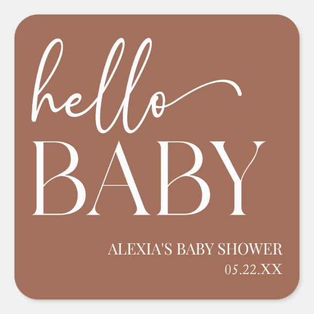 Sticker Carré Brown Boho Bohemian Hello Baby shower bébé (Devant)