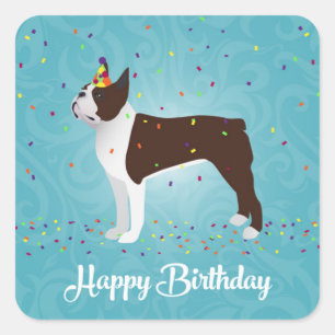 Sticker Carré Brown Boston Terrier Conception d'anniversaire