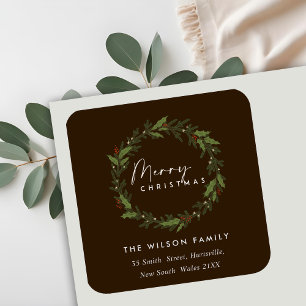 STICKER CARRÉ BROWN ÉLÉGANT HOLLY BERRY WREATH ADRESSE DE NOËL