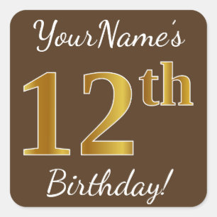Sticker Carré Brown, Faux Gold 12e anniversaire + Nom personnali
