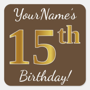 Sticker Carré Brown, Faux Gold 15e anniversaire + Nom personnali