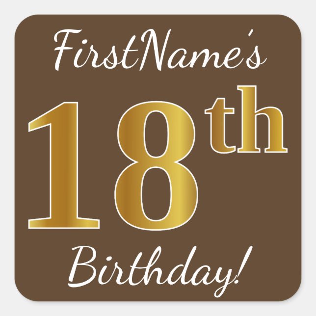 Sticker Carré Brown, Faux Gold 18e anniversaire + Nom personnali (Devant)