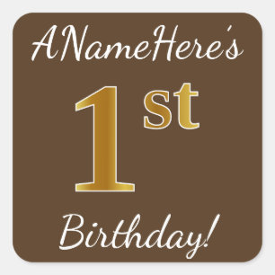 Sticker Carré Brown, Faux Gold 1er anniversaire + Nom personnali