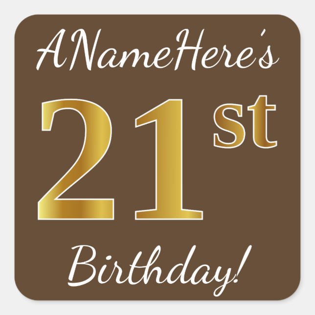 Sticker Carré Brown, Faux Gold 21e anniversaire + Nom personnali (Devant)