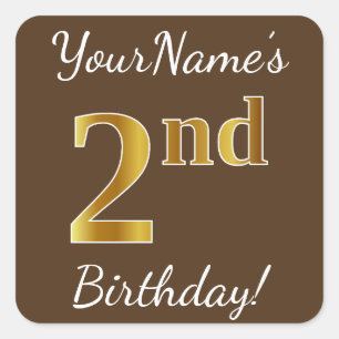 Sticker Carré Brown, Faux Gold 2e anniversaire + Nom personnalis