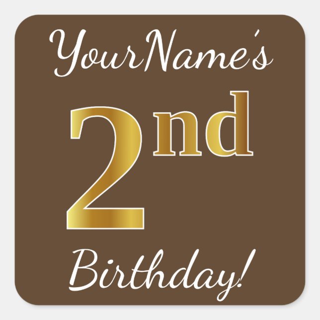 Sticker Carré Brown, Faux Gold 2e anniversaire + Nom personnalis (Devant)