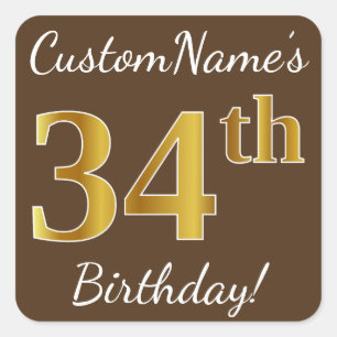 Sticker Carré Brown, Faux Gold 34e anniversaire + Nom personnali