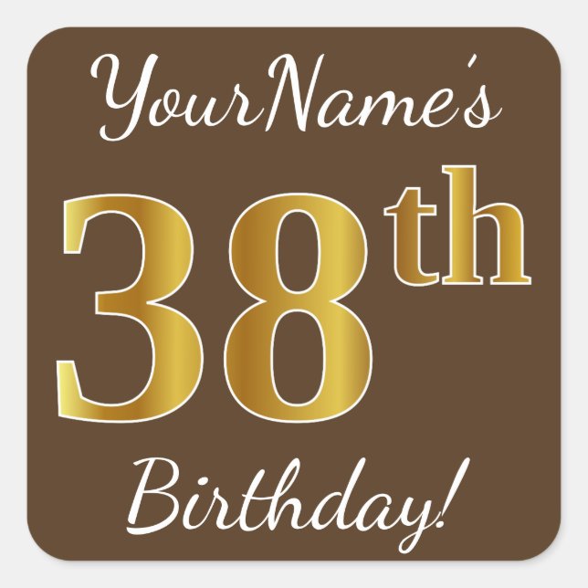 Sticker Carré Brown, Faux Gold 38e anniversaire + Nom personnali (Devant)