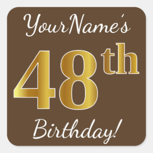 Sticker Carré Brown, Faux Gold 48e anniversaire + Nom personnali