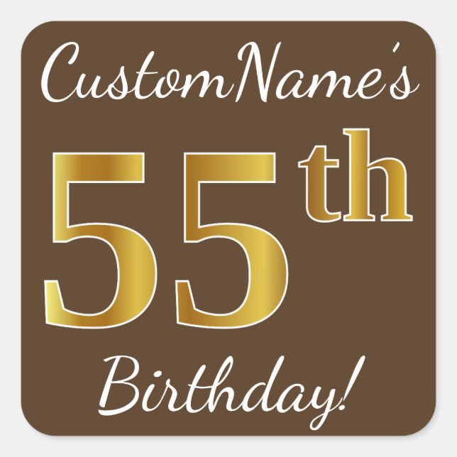 Sticker Carré Brown, Faux Gold 55e anniversaire + Nom personnali (Devant)