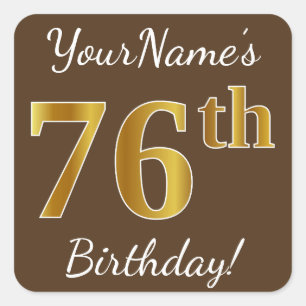 Sticker Carré Brown, Faux Gold 76e anniversaire + Nom personnali