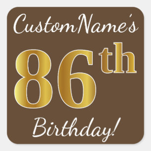 Sticker Carré Brown, Faux Gold 86e anniversaire + Nom personnali