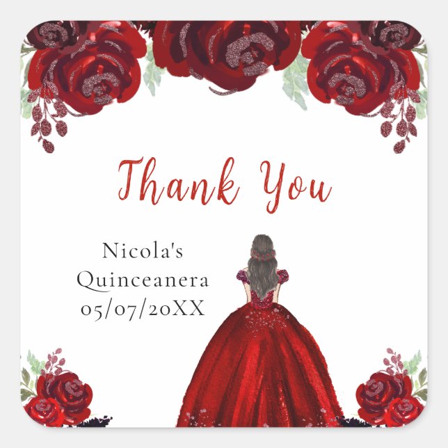 Sticker Carré Brown Hair Princess Red Floral Quinceanera (Devant)