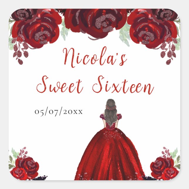 Sticker Carré Brown Hair Princess Red Floral Sweet sixteen (Devant)