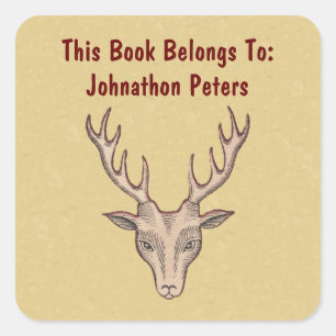 Sticker Carré Brown mâle chef des cerfs Antlers Red Outline Tan