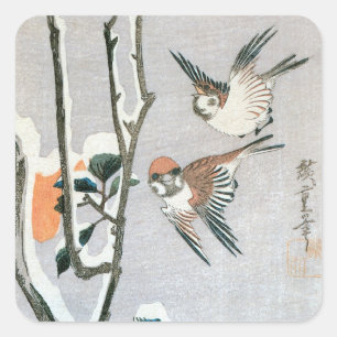 Sticker Carré Bruants et Camellia en Neige par Ando Hiroshige