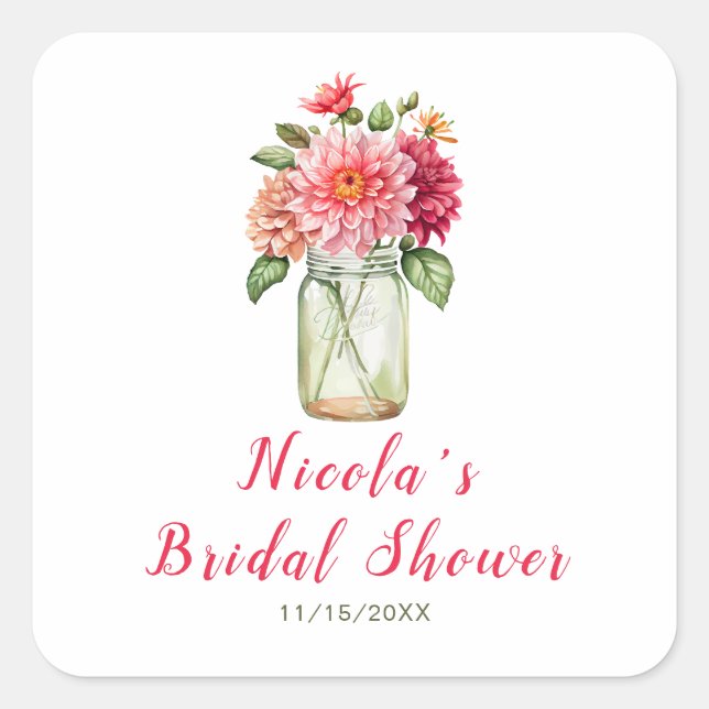 Sticker Carré Brunch de mariage au pot Mason avec dahlias roses (Devant)