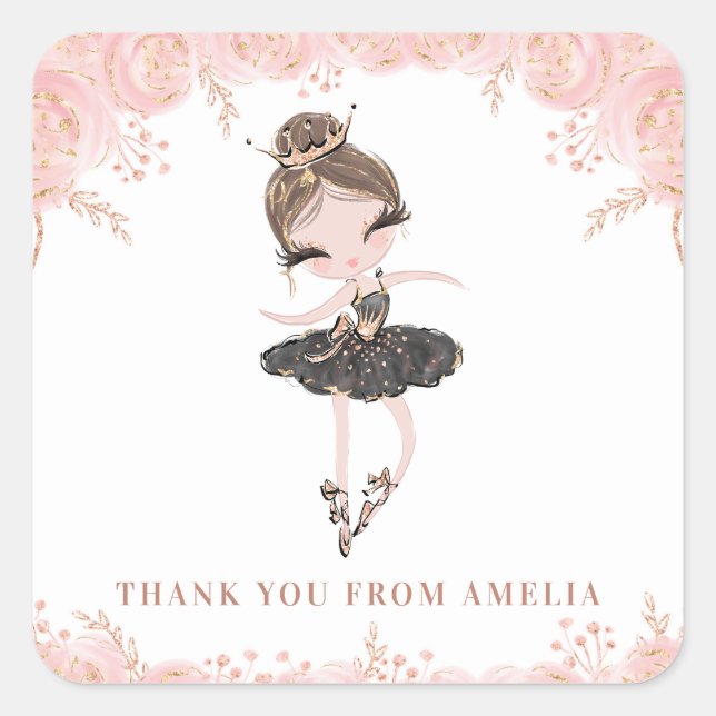 Sticker Carré Brunette Ballerina en Robe Noire Floral Anniversai (Devant)
