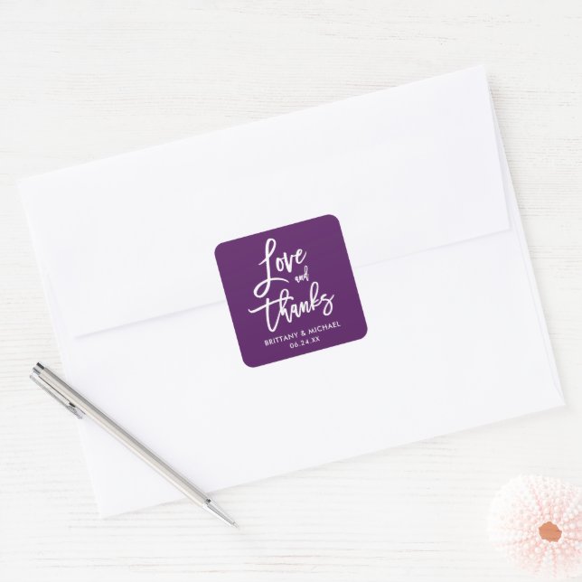 Sticker Carré Brush Script Love and Thanks Purple Enveloppe Seal (Enveloppe)