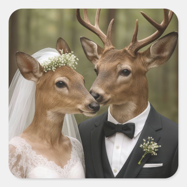 Sticker Carré Buck and Doe Deer Wedding In Forest (Devant)
