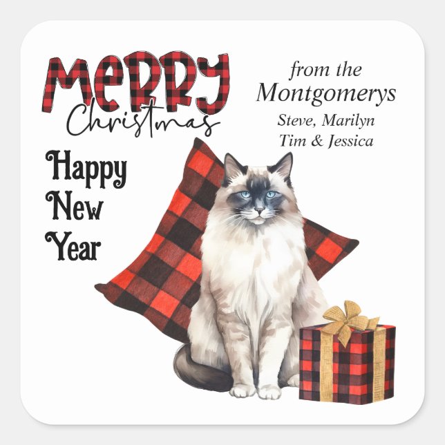 Sticker Carré Buffalo Plaid Balinais Chat Noël (Devant)