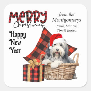 Sticker Carré Buffalo Plaid Beared Collie Puppy Holiday