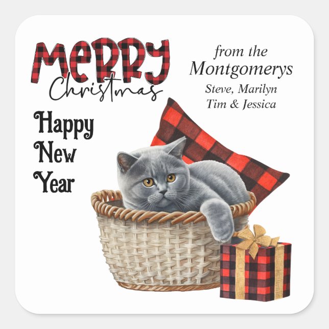 Sticker Carré Buffalo Plaid British Shorthair Grey Chat Noël (Devant)