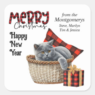 Sticker Carré Buffalo Plaid British Shorthair Grey Chat Noël