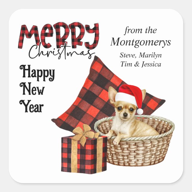 Sticker Carré Buffalo Plaid Brown Chihuahua Puppy Holiday (Devant)