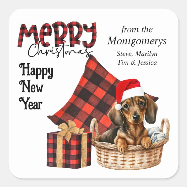 Sticker Carré Buffalo Plaid Brown Dachshund Puppy Holiday (Devant)