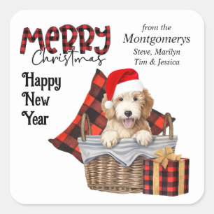 Sticker Carré Buffalo Plaid Goldendoodle Puppy Noël