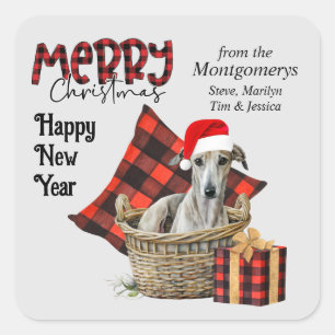 Sticker Carré Buffalo Plaid Greyhound Puppy Noël