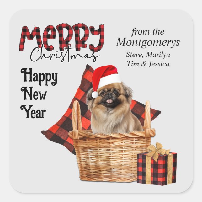 Sticker Carré Buffalo Plaid Pekingese Chien Noël (Devant)