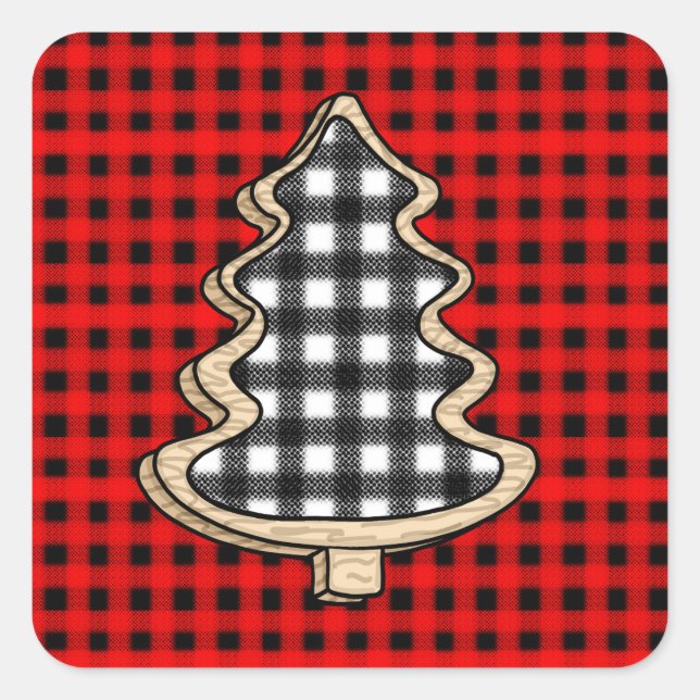 Sticker Carré Buffalo Plaid, Red En vichy sapins de Noël (Devant)