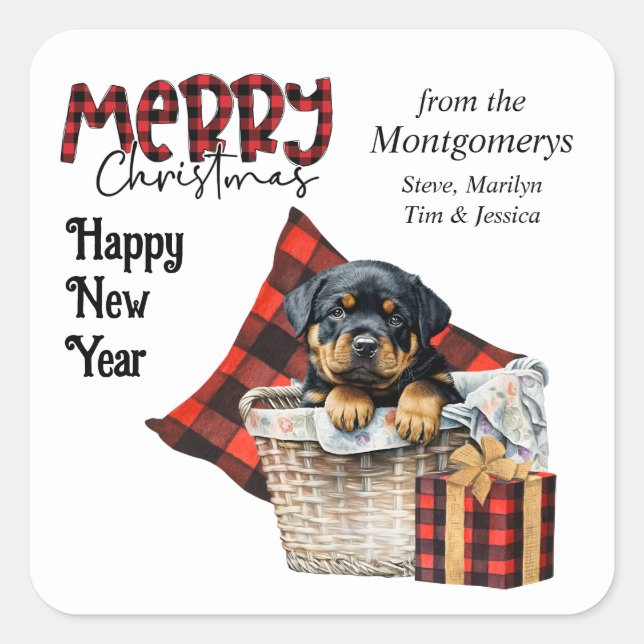 Sticker Carré Buffalo Plaid Rottweiler Puppy Christmas (Devant)