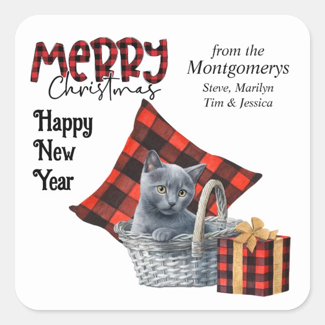 Sticker Carré Buffalo Plaid Russian Blue Kitts Noël (Devant)