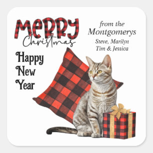 Sticker Carré Buffalo Plaid Tabby Chat Noël