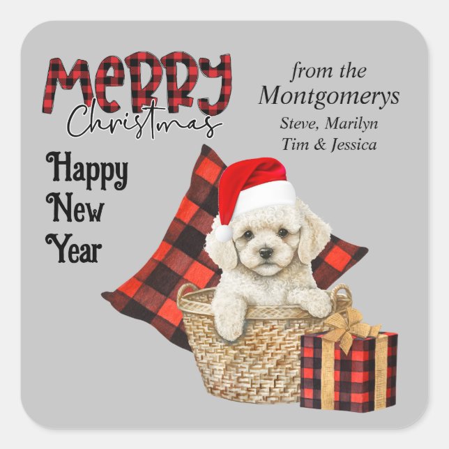 Sticker Carré Buffalo Plaid Toy Poodle Puppy Noël (Devant)