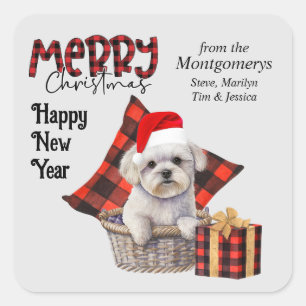 Sticker Carré Buffalo Plaid White Maltese Chien Christmas