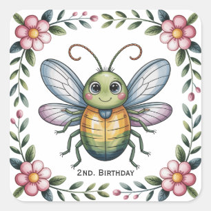 Sticker Carré Bugs d'insectes colorés 2e. Fête d'anniversaire