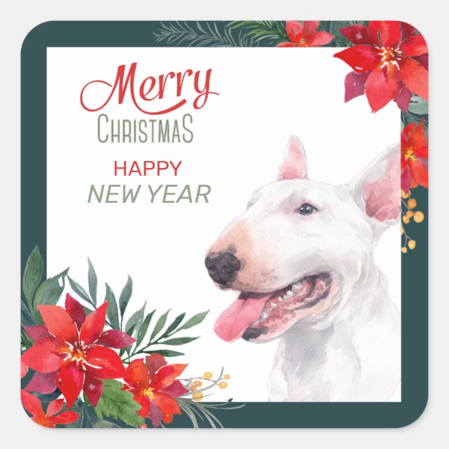 Sticker Carré Bull Terrier Chien Poinsettia frontière Noël (Devant)