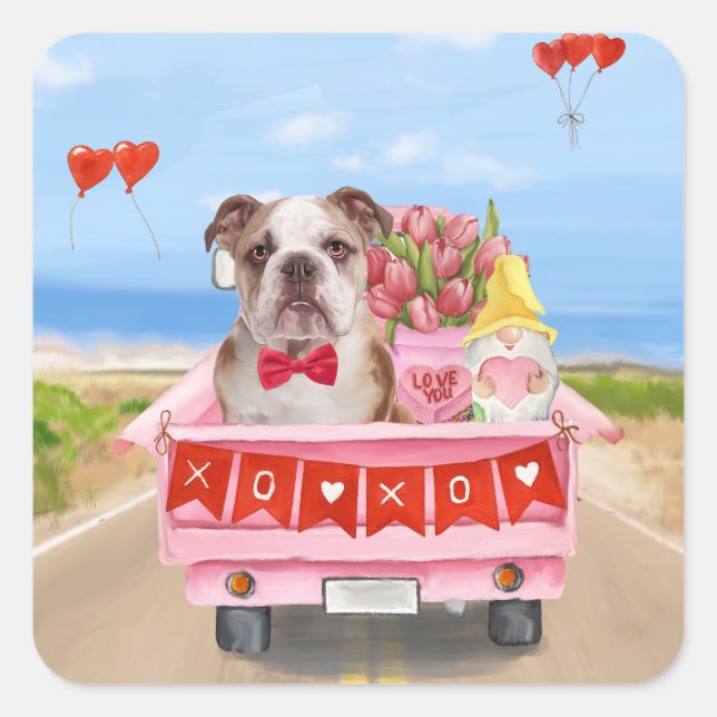 Sticker Carré Bulldog anglais Saint-Valentin Coeurs de camion (Devant)